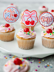 Cherry Themed Custom Cupcake Toppers | Personalized Toppers for Birthday, Baby Shower, Summer Parties | Set of Custom Name Toppers set of 6