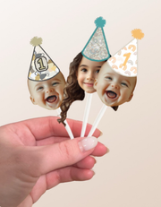 Boho Print, Paisley, Rainbows Themed Custom Photo Themed Party Hat Cake Toppers
